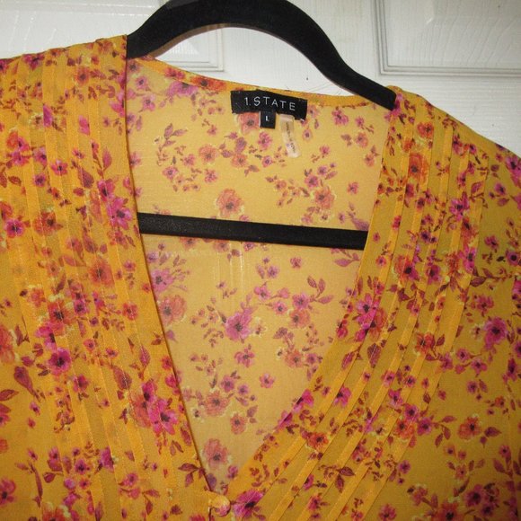 1.STATE size L Orange and Hot pink floral sheer top with banded bottom - Picture 7 of 15